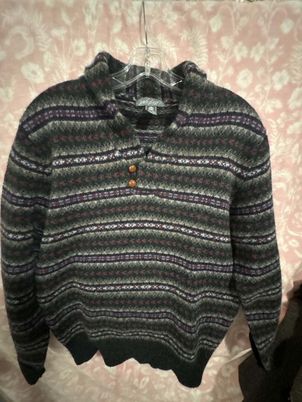 The Man's Shop Fair Isle Virgin Wool Pullover Sweater with Collared Neckline